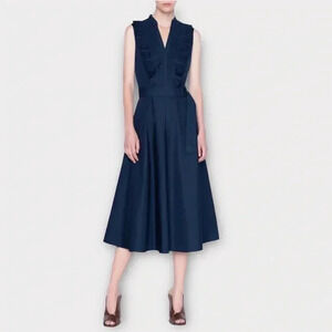 NWOT AKRIS PUNTO Plisse Cotton Midi Belted Dress Navy Blue Sz 6